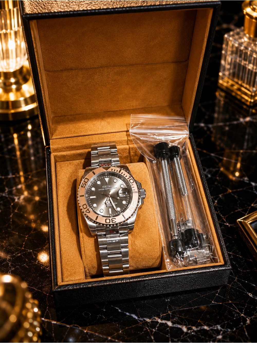 MODS!!! Seiko Silver custom and modified Watch with Rose-Gold Bezel; Yachtmaster - Picture 5 of 6